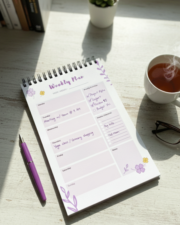 "Purple planner" A5 Size / Wiro Hard board - 60 sheets weekly Planner